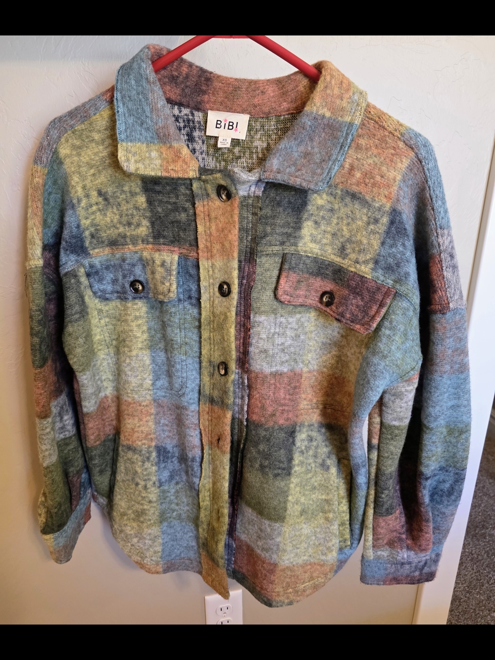 BiBi Multicolor Plaid Jean Shacket in Green, Blue, Pink, Gray